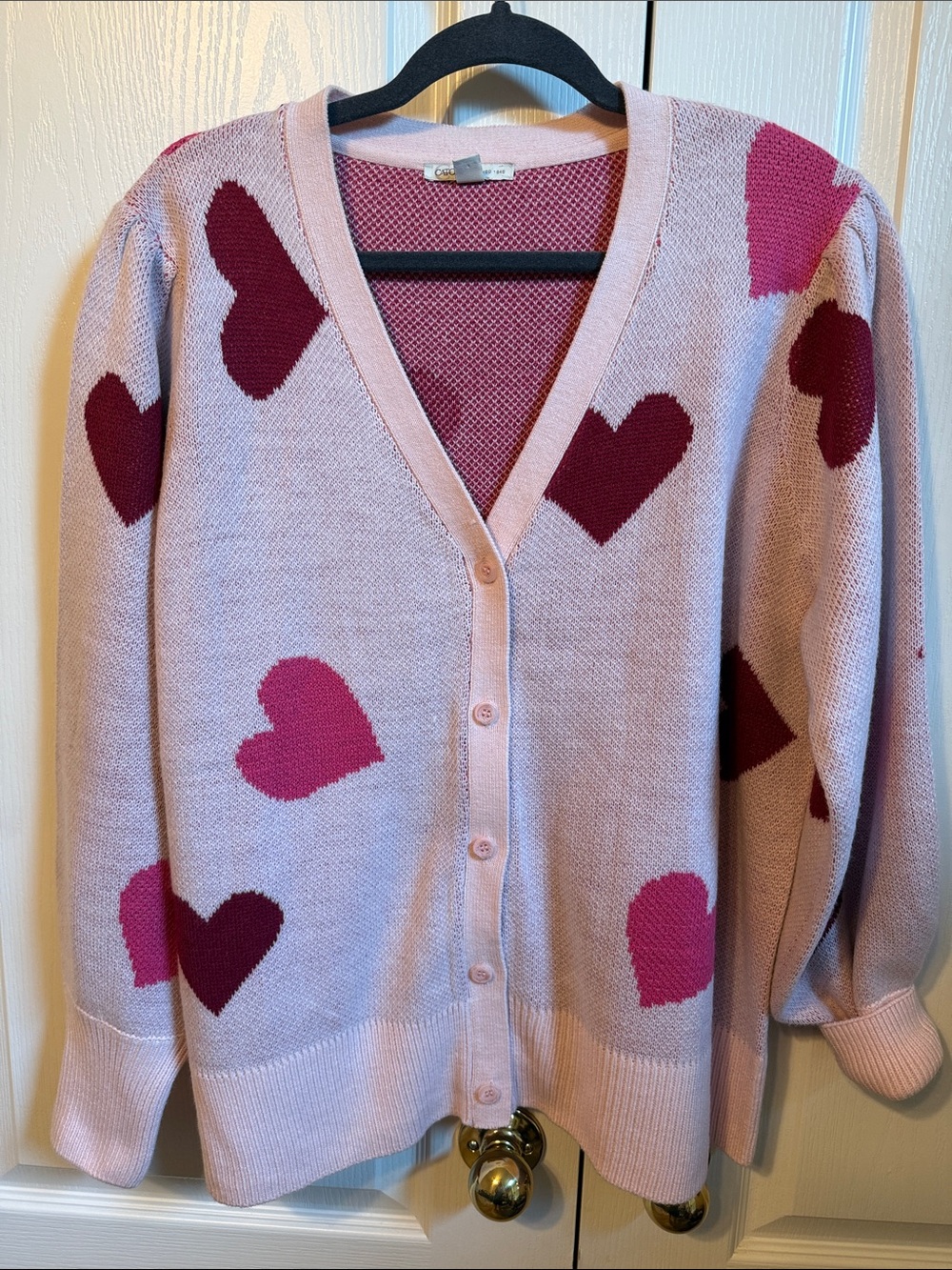 Cato Pink Heart-Print V-Neck Cardigan with Magenta Hearts